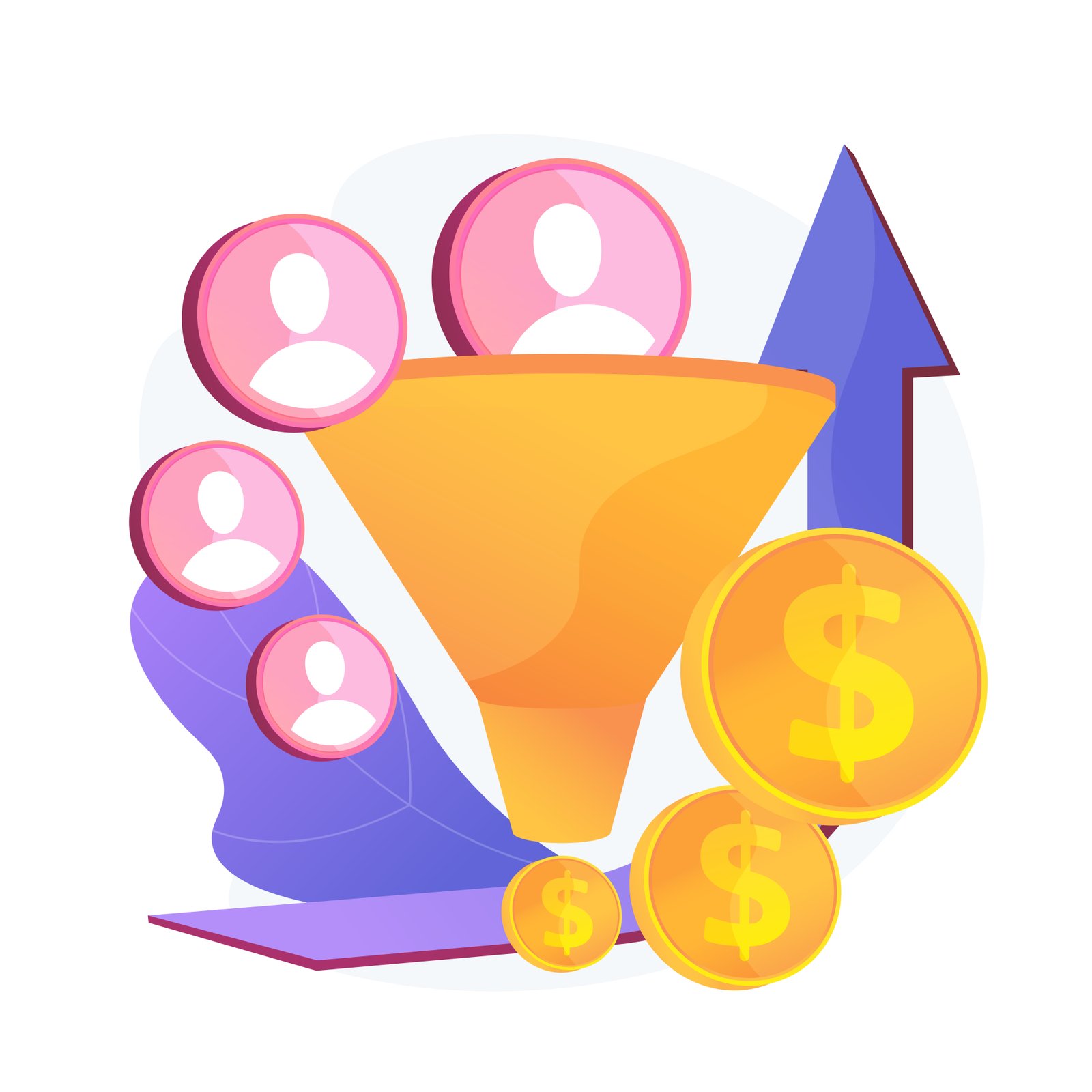 Sales funnel and lead generation. Profitable digital marketing. Customers attraction technology. Commerce, trade, successful strategy. Vector isolated concept metaphor illustration